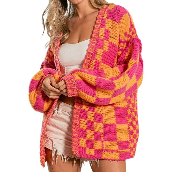 Women´s Acrylic Checkered Cardigan Open Front Long...